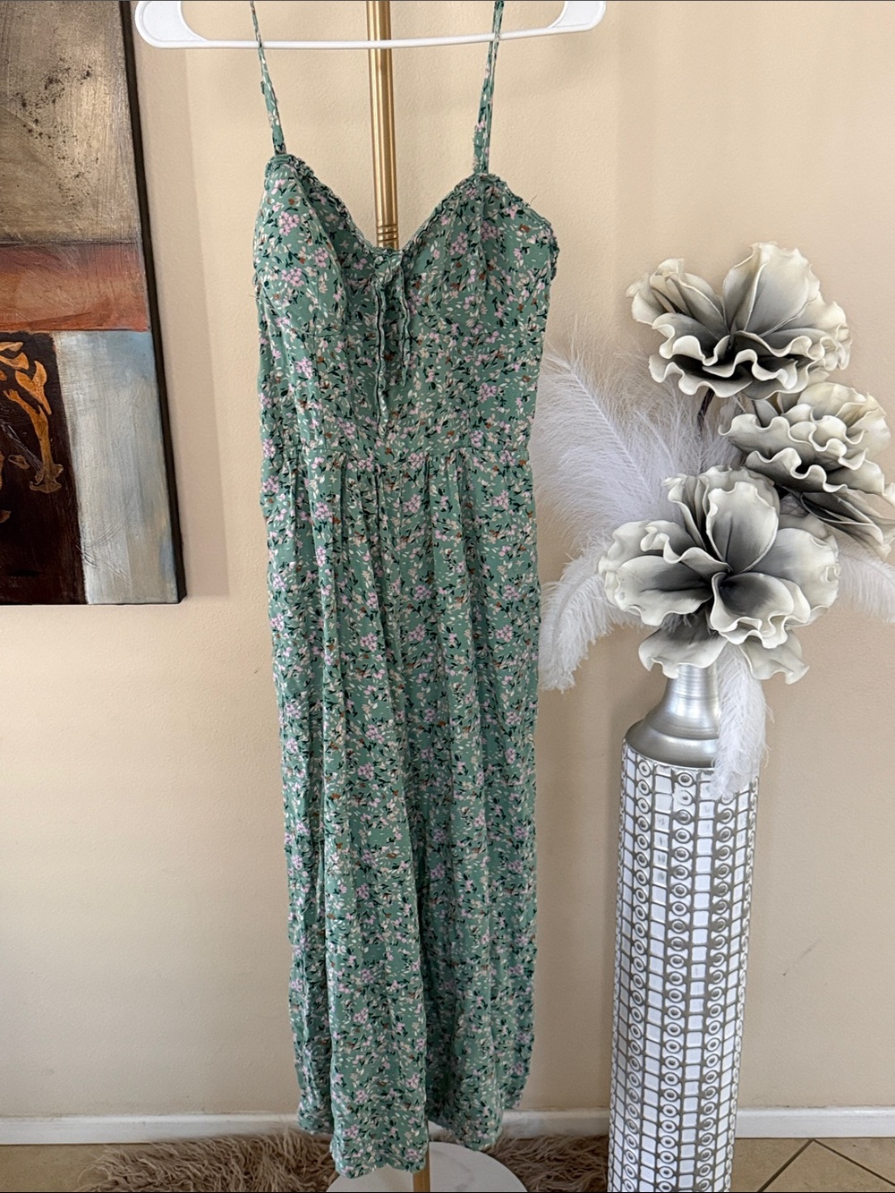 As U Wish Green Floral Spaghetti-Strap jumpsuit with Pink Accents